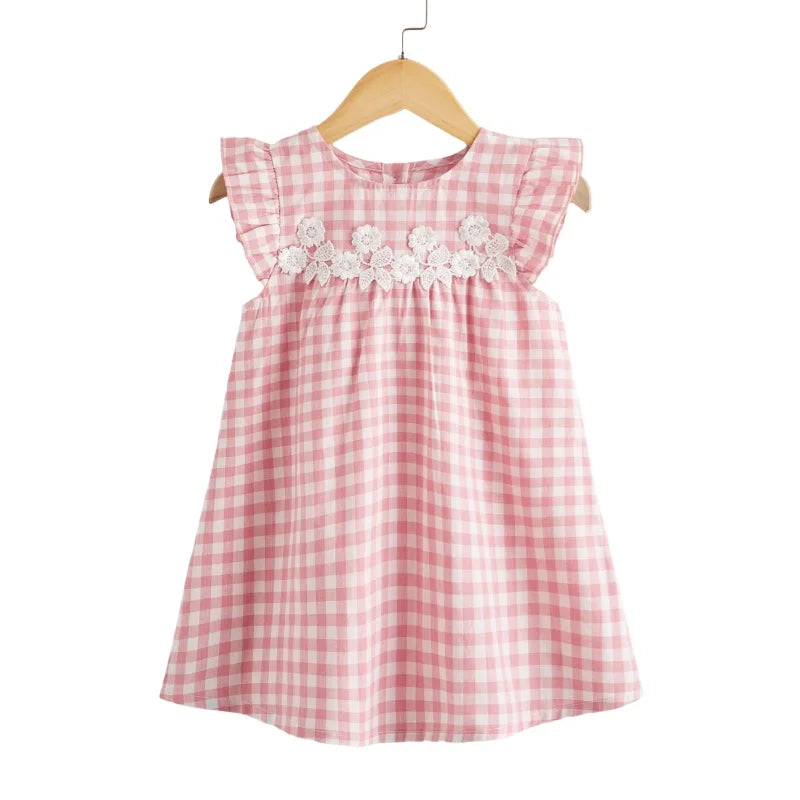 Girls Pink Plaid Plissé Dress with Floral Lace