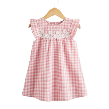 Girls Pink Plaid Plissé Dress with Floral Lace