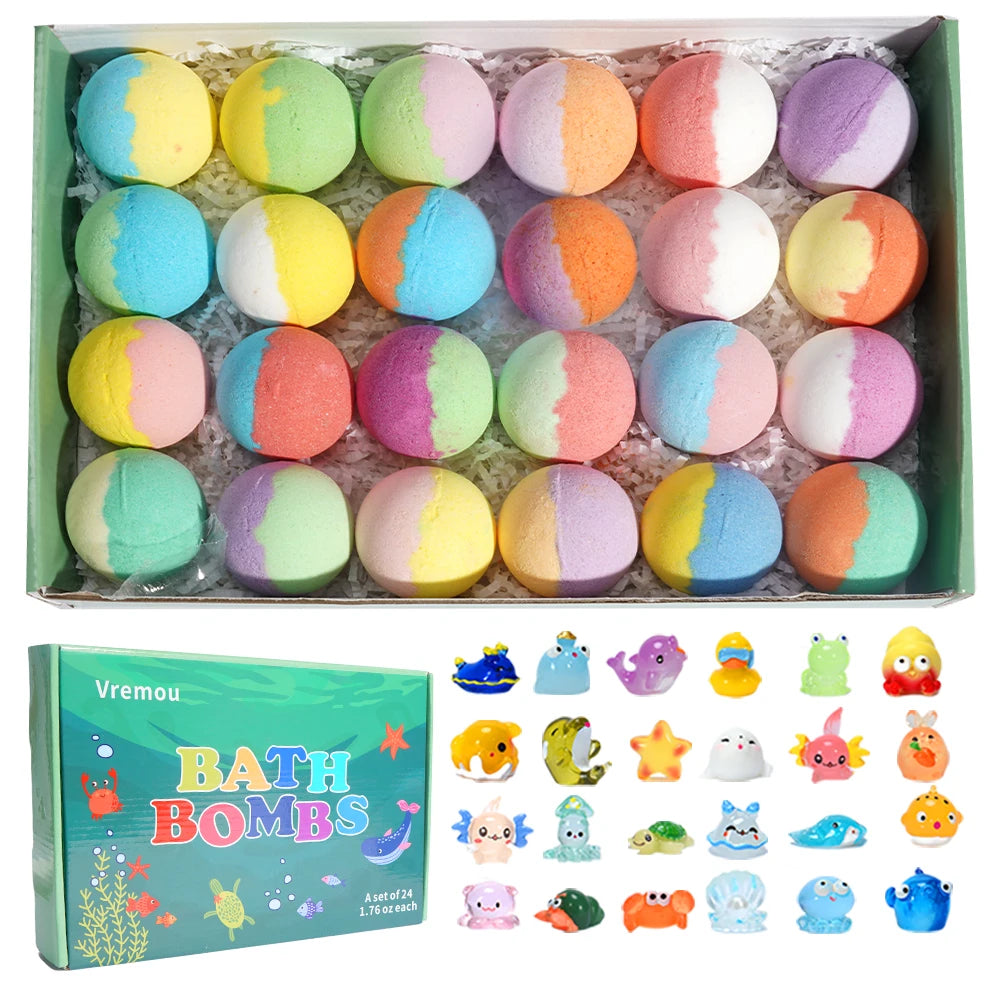 Vremou 24-Pack Kids' Bath Bombs Set – Organic Essential Oil Fizzy Spa Gift with Toys Inside