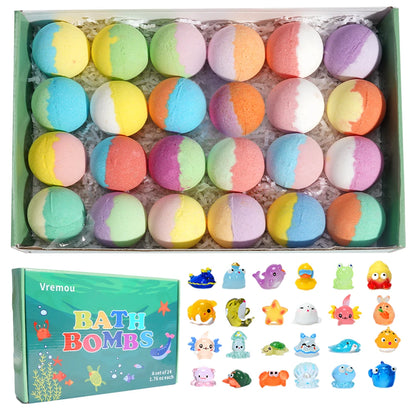 Vremou 24-Pack Kids' Bath Bombs Set – Organic Essential Oil Fizzy Spa Gift with Toys Inside