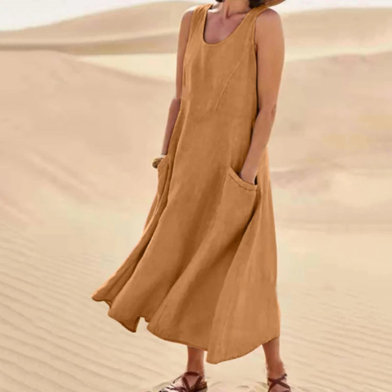 Women's Summer Cotton Linen Sleeveless Loose Maxi Dress with Pockets