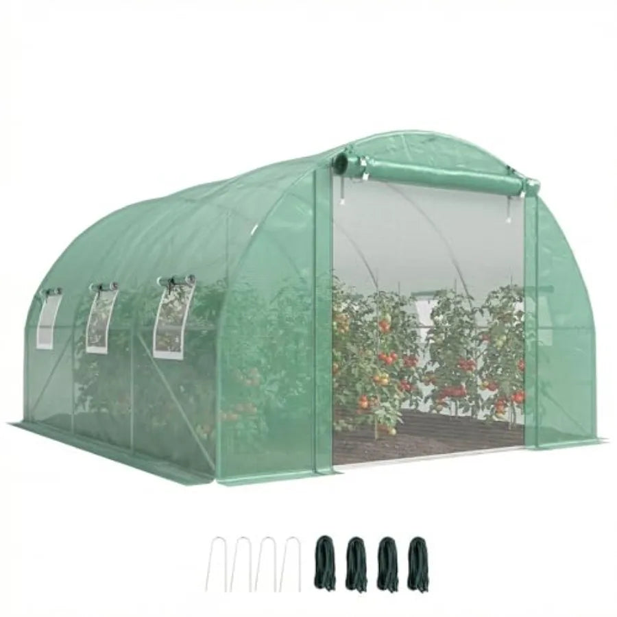 10'x11'x6' Walk-in Tunnel Greenhouse with Shelves Mesh Door and Windows & PE Cover