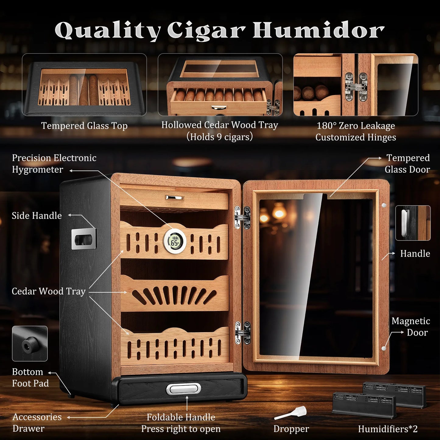 Glass-Top Tabletop Cigar Humidor Cabinet with Spanish Cedar Trays & Digital Hygrometer