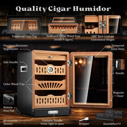 Glass-Top Tabletop Cigar Humidor Cabinet with Spanish Cedar Trays & Digital Hygrometer