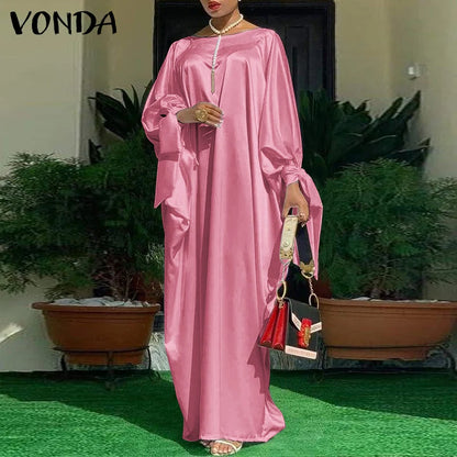 Women’s Long Sleeve Satin Maxi Dress – Vintage Floral Print Boho Sundress
