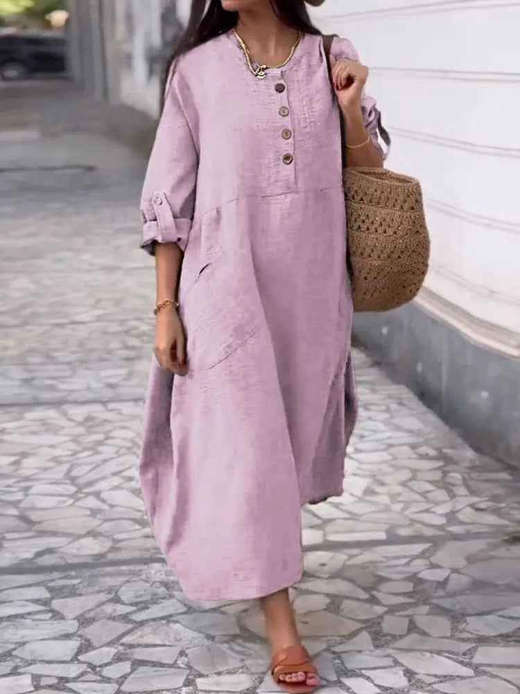 Women's Loose Cotton Linen Long Sleeve Maxi Dress with Pockets