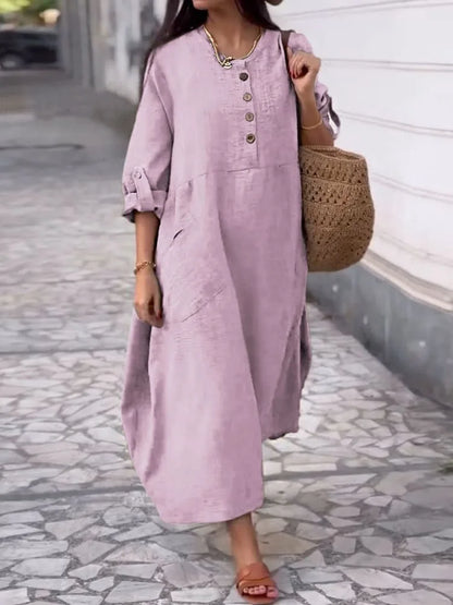 Women's Loose Cotton Linen Long Sleeve Maxi Dress with Pockets