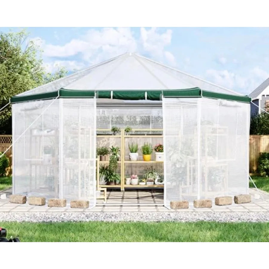 13.5x13.5x9FT Hexagonal Walk-in Greenhouse Heavy-Duty with Windbreak Ropes Waterproof PE Cover Ground Stakes