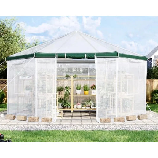 13.5x13.5x9FT Hexagonal Walk-in Greenhouse Heavy-Duty with Windbreak Ropes Waterproof PE Cover Ground Stakes