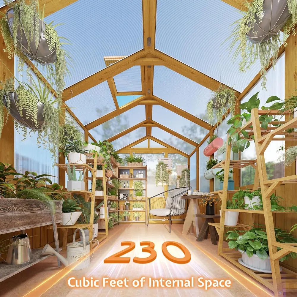 6x8x6.5ft Pre-assembled Cedar Wood Frame Greenhouse with Lockable Door Adjustable Roof Vents
