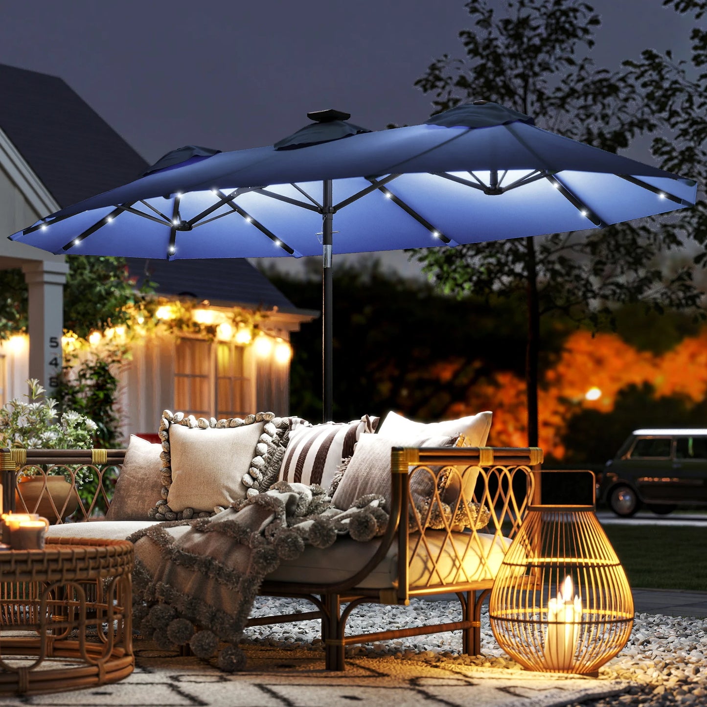 Outsunny 9.7' Double-Sided Solar LED Patio Umbrella – Navy Blue