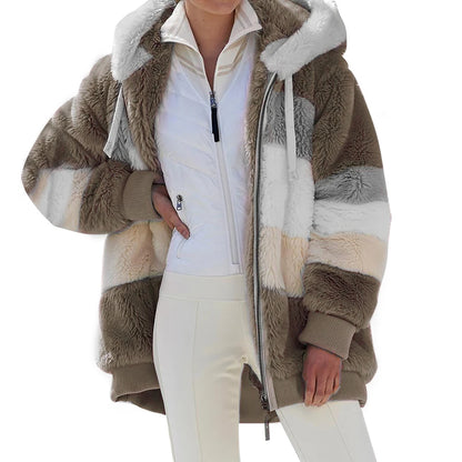 Women's Oversized Plush Hooded Zip-Up Cashmere Streetwear Coat