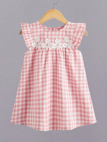 Girls Pink Plaid Plissé Dress with Floral Lace