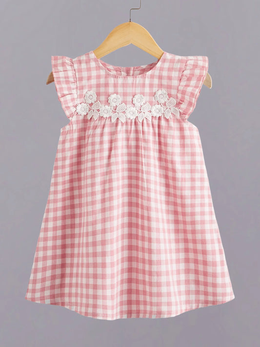 Girls Pink Plaid Plissé Dress with Floral Lace