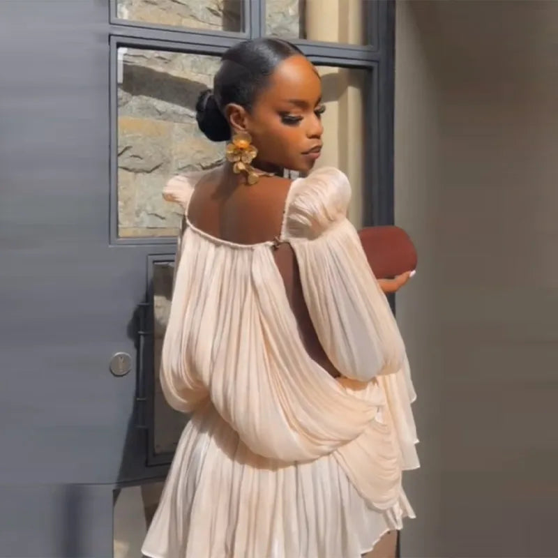 Satin Off-Shoulder Pleated Mini Dress with Puff Sleeves