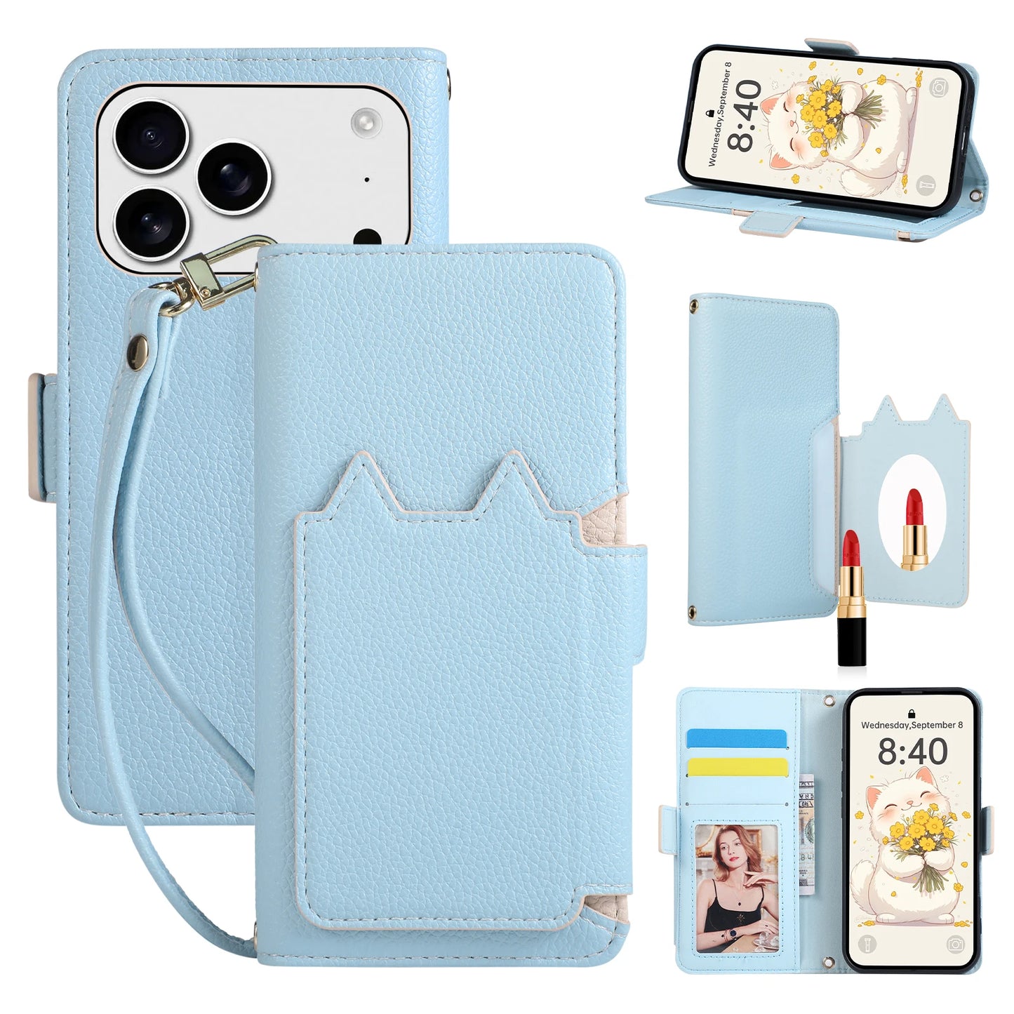 Cat Shape Litchi Leather Flip Wallet Phone Case with Mirror for iPhone