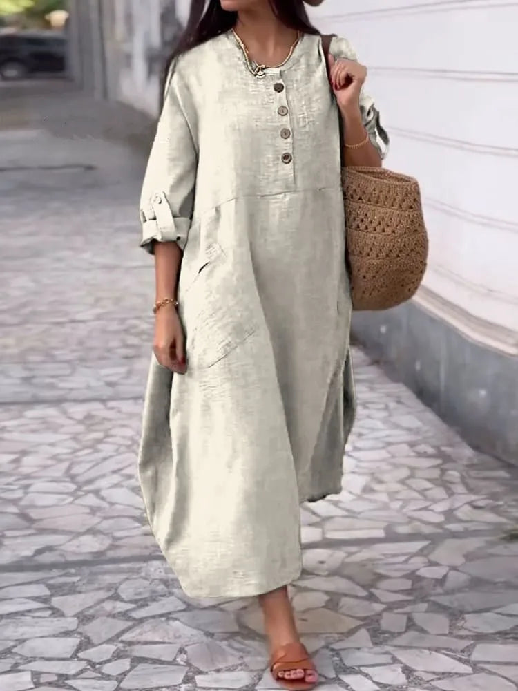 Cotton Linen Long Sleeve Midi Dress - Casual Round Neck Loose Fit Dress with Double Pockets