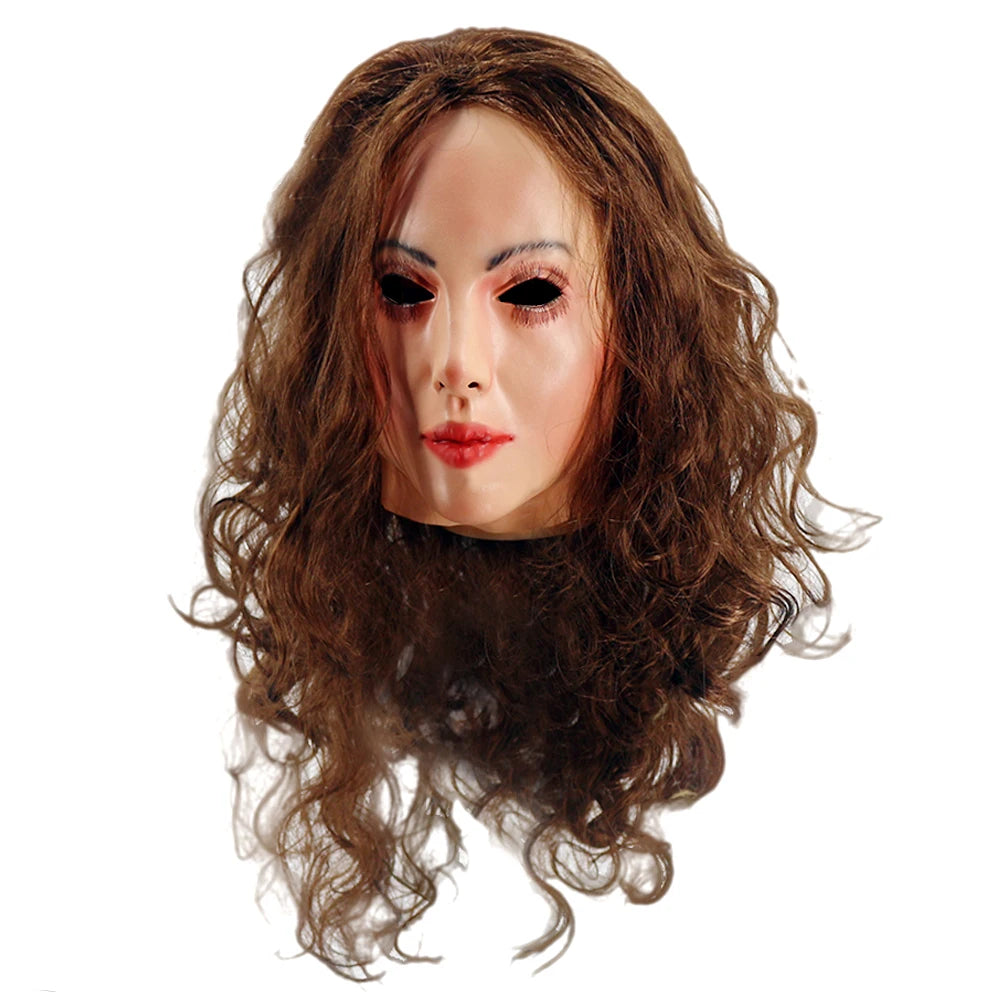 Realistic Female Latex Mask with Wig - Full Head Halloween Costume Prop