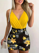 Cross-border V-neck Camisole and Plant Print Shorts Set with Belt