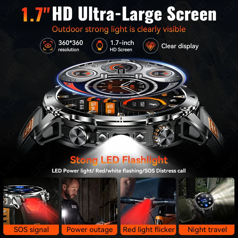 Military Outdoor Smartwatch with Flashlight