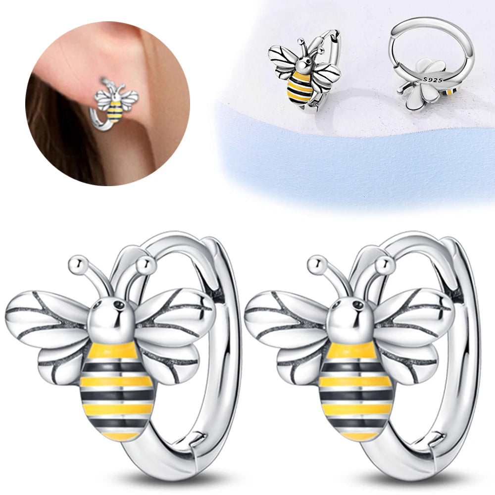 925 Sterling Silver Dancing Bee Hoop Earrings – Cute Enamel Zircon Jewelry