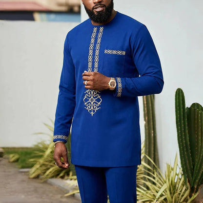Men's Elegant Dashiki Embroidered Shirt & Full Pant Suit Set