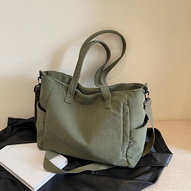 Women Corduroy Multi-Pocket Shoulder Tote & Crossbody Sling Bag