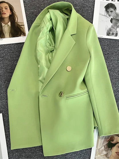 Women's Elegant Double-Breasted Blazer Jacket - Spring Autumn Slim Fit Korean Style Outerwear