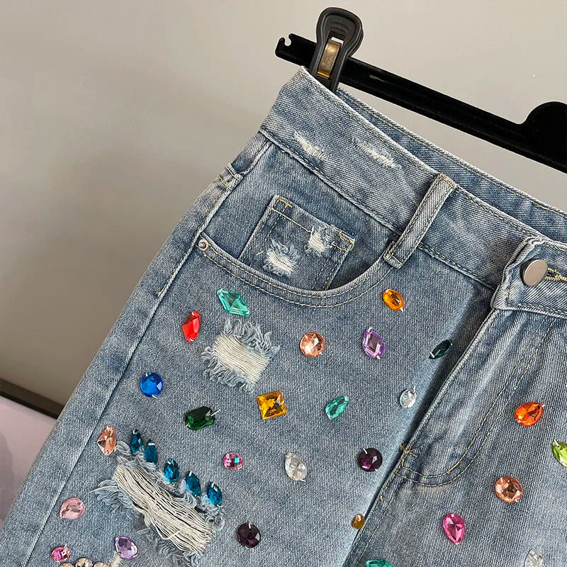 High Waist Diamond Embellished Five-Point Trendy Loose Fit Jeans