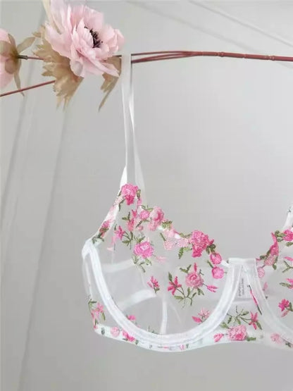 YUQI Women's French Floral Embroidered Lingerie Set