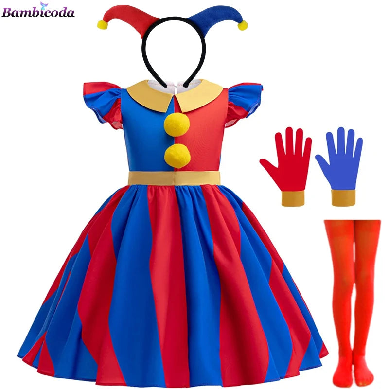 Girls' Digital Circus Pomni Cosplay Costume Set - Red & Blue Clown Dress Outfit for Kids
