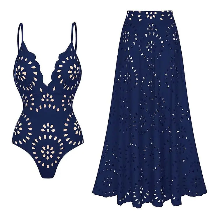 Women's Floral Cutout One-Piece Swimsuit & Skirt Set