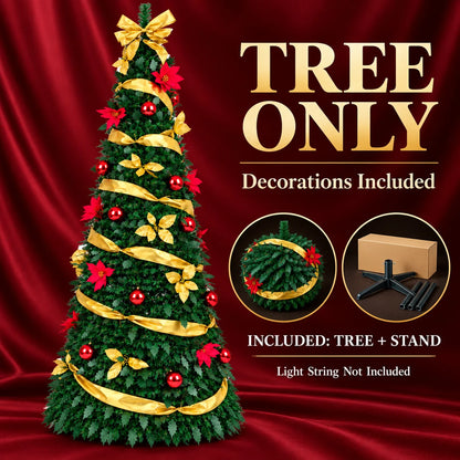 Pop-Up Pre-Decorated Foldable Christmas Tree – Space-Saving Artificial Holiday Xmas Tree with Ornaments & Lights