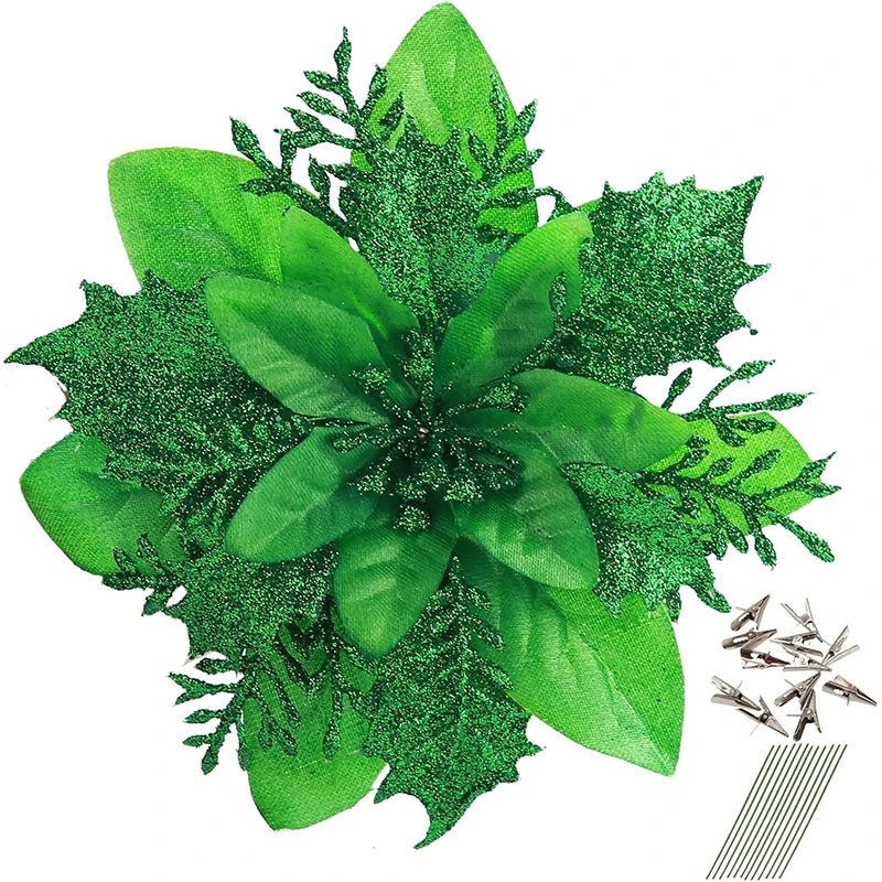 18Pcs Glitter Artificial Christmas Flowers With Clips