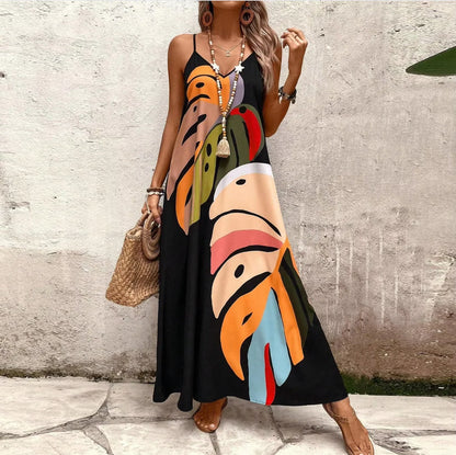 Women's Summer Leaf Print Halter Maxi Dress
