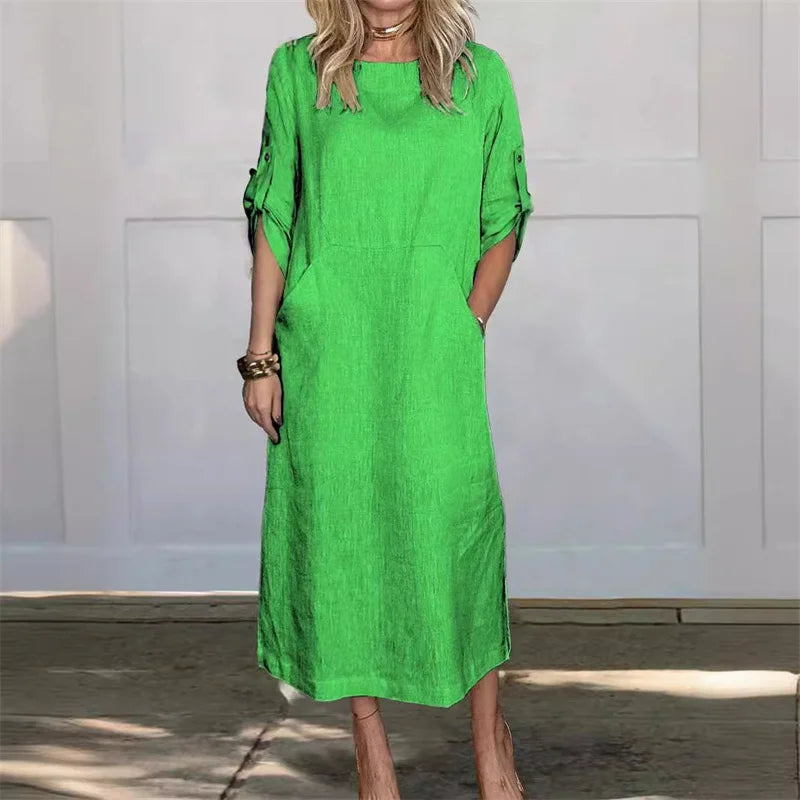 Women's Casual 3/4-Sleeve Cotton Linen Pullover Dress with Pockets