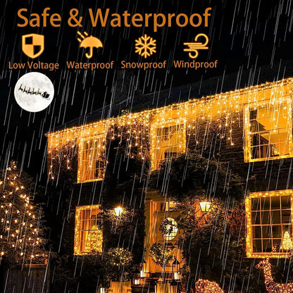 Outdoor Waterproof LED Icicle Curtain Lights - 8 Lighting Modes Christmas & Holiday Solar String Lights