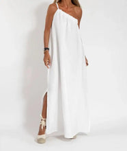 Diagonal Shoulder Asymmetric Split Sleeveless Solid Color Dress