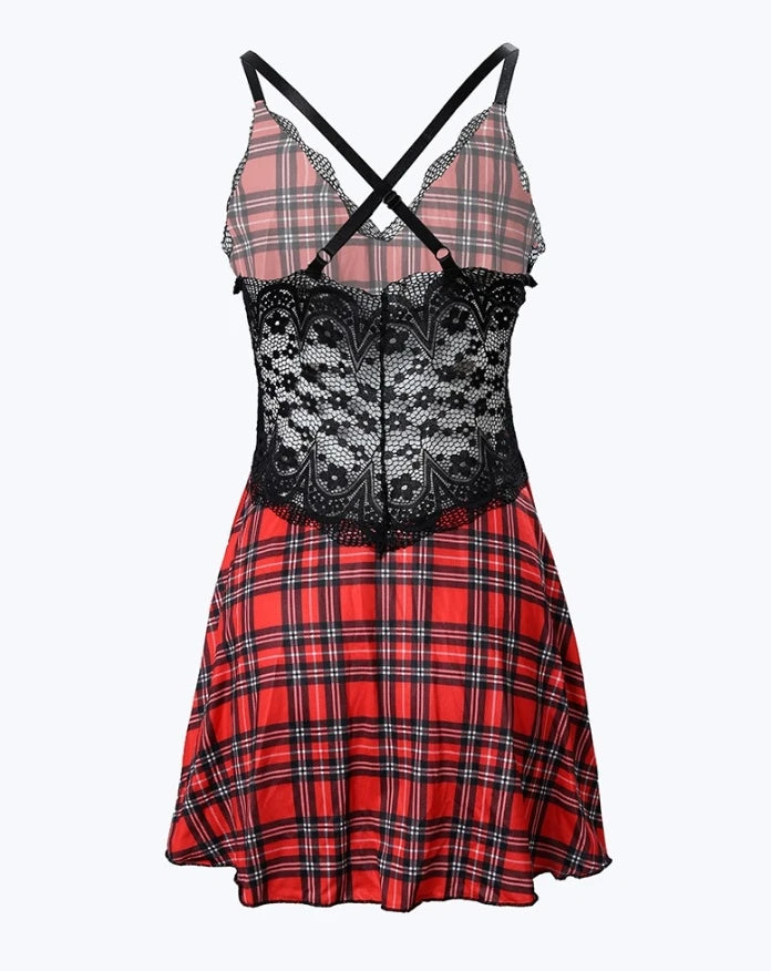 Women’s Plaid Print Crisscross Backless Sleep Dress – Contrast Lace Camisole Nightgown