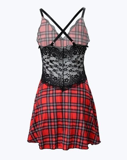 Women’s Plaid Print Crisscross Backless Sleep Dress – Contrast Lace Camisole Nightgown