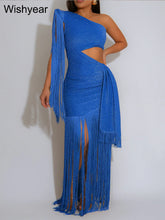 One-Shoulder Tasseled Sleeveless Long Dress