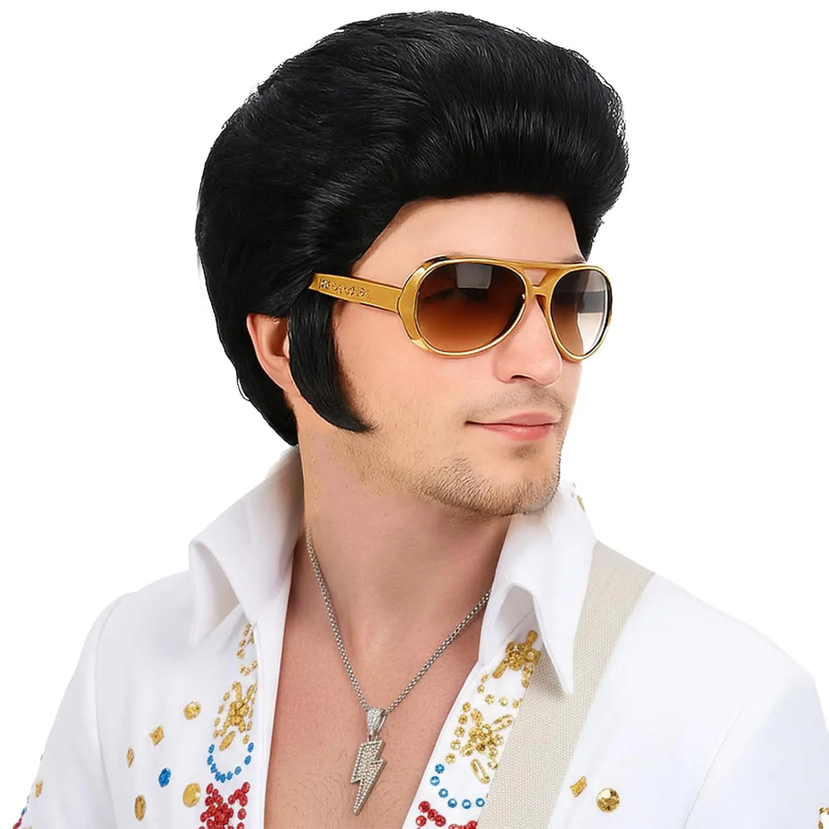 4pcs 50s Rocker Costume Set with Wig, Sunglasses & Lightning Necklace