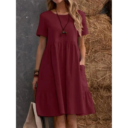 Women's Round Neck 100% Linen Loose Fit Summer Midi Dress with Pockets