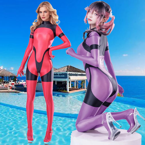 Glossy Smooth Elastic Long Sleeve Back Zipper Jumpsuit