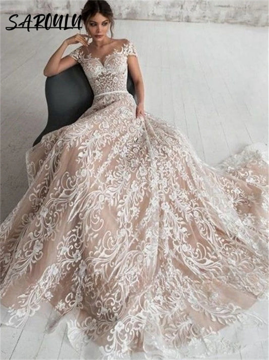 Romantic Lace A-Line Wedding Dress – Scoop Neck Backless Bridal Gown