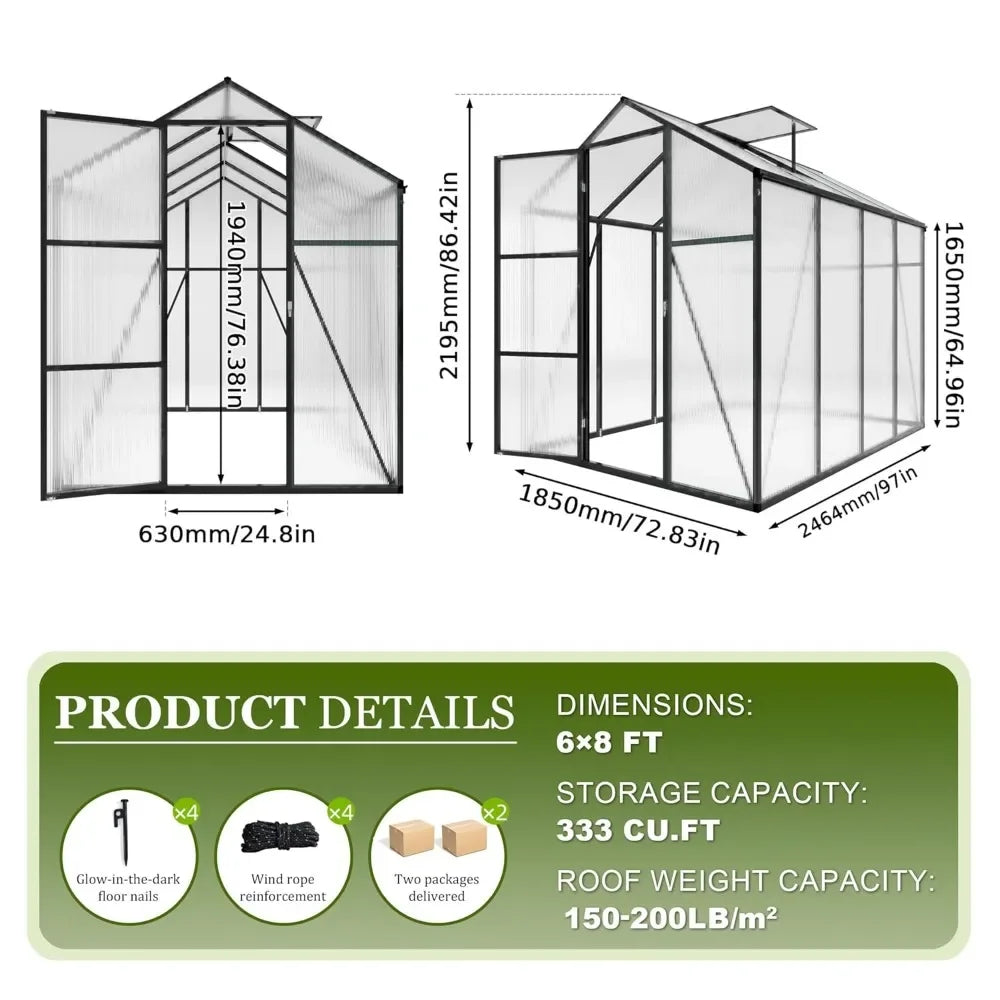 6*8.2FT Polycarbonate Greenhouse 7.2FT High, Enhanced Wind Protection & Stable Roof