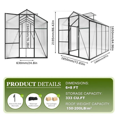 6*8.2FT Polycarbonate Greenhouse 7.2FT High, Enhanced Wind Protection & Stable Roof