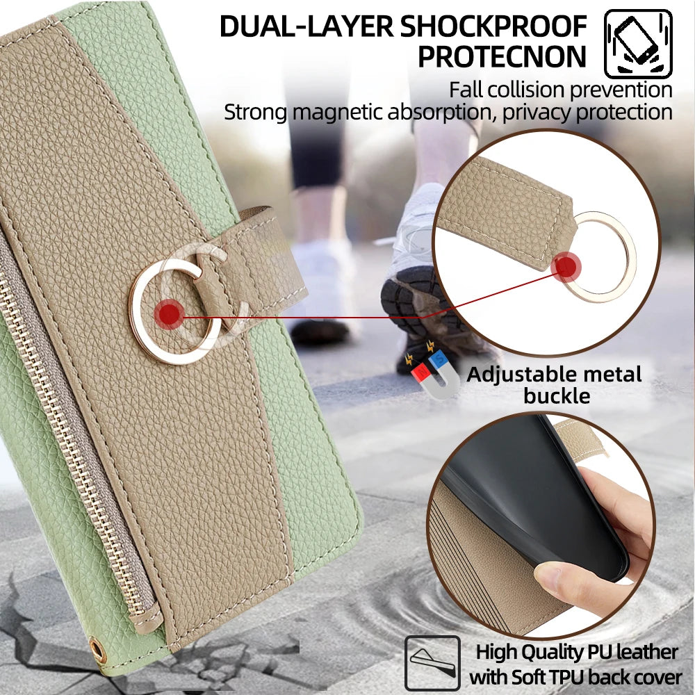 Crossbody Leather Zipper Wallet Case for iPhone Flip Mirror Cover Long Lanyard