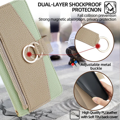 Crossbody Leather Zipper Wallet Case for iPhone Flip Mirror Cover Long Lanyard