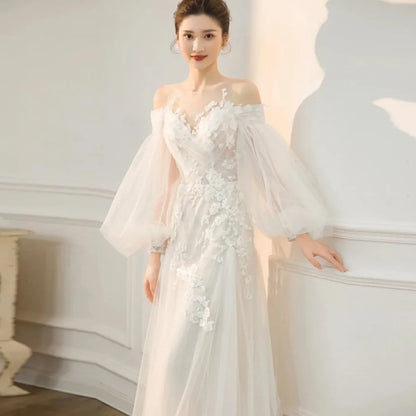 Off-Shoulder Lace Boho Wedding Dress with Long Puff Sleeves
